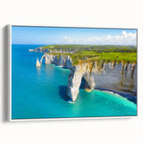 Vintage poster art of Normandy, France on a framed canvas with colorful and black elements, ideal for living room decor.