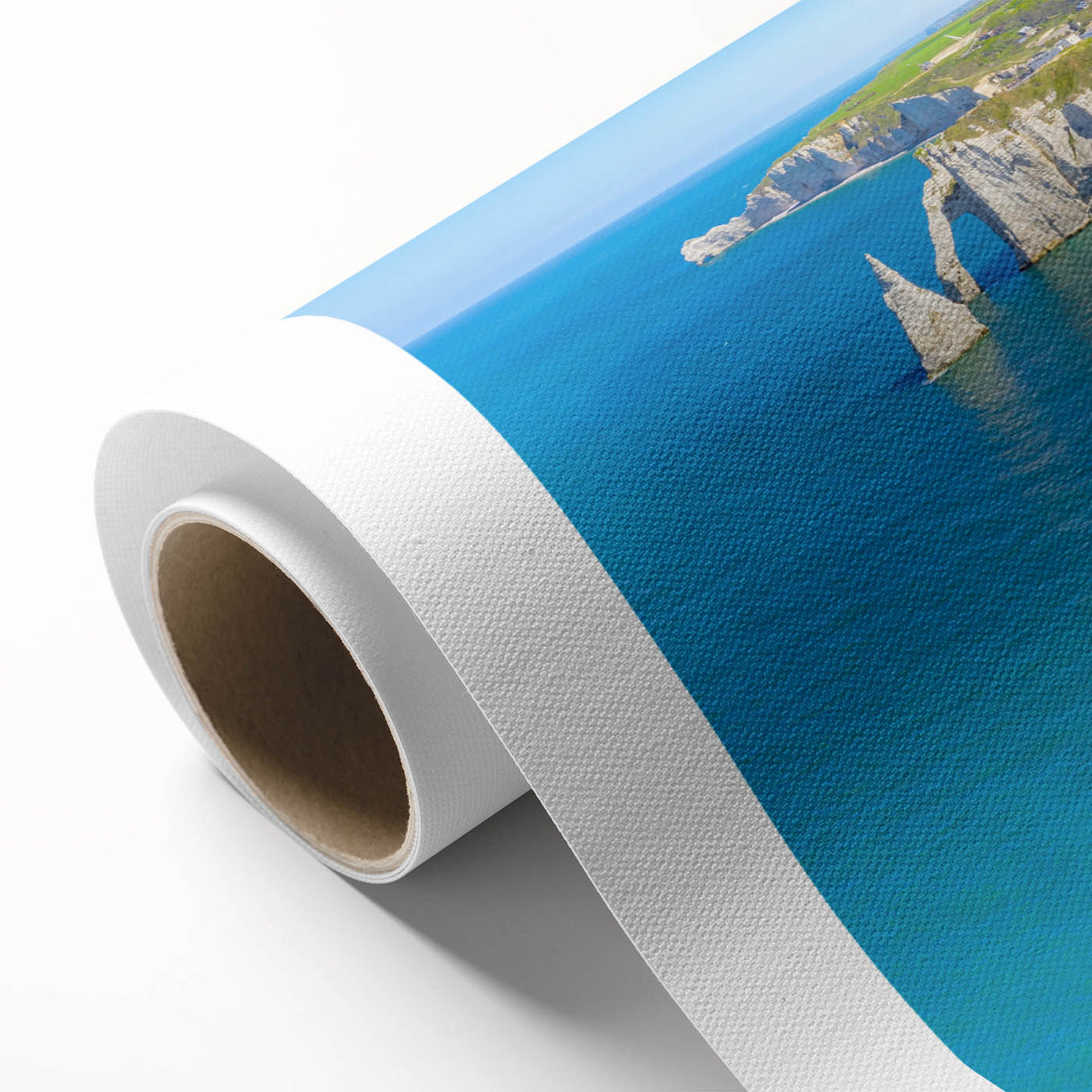 Art deco poster of Normandy scenery on rolled canvas, featuring pastel shades, ideal for nursery wall art.