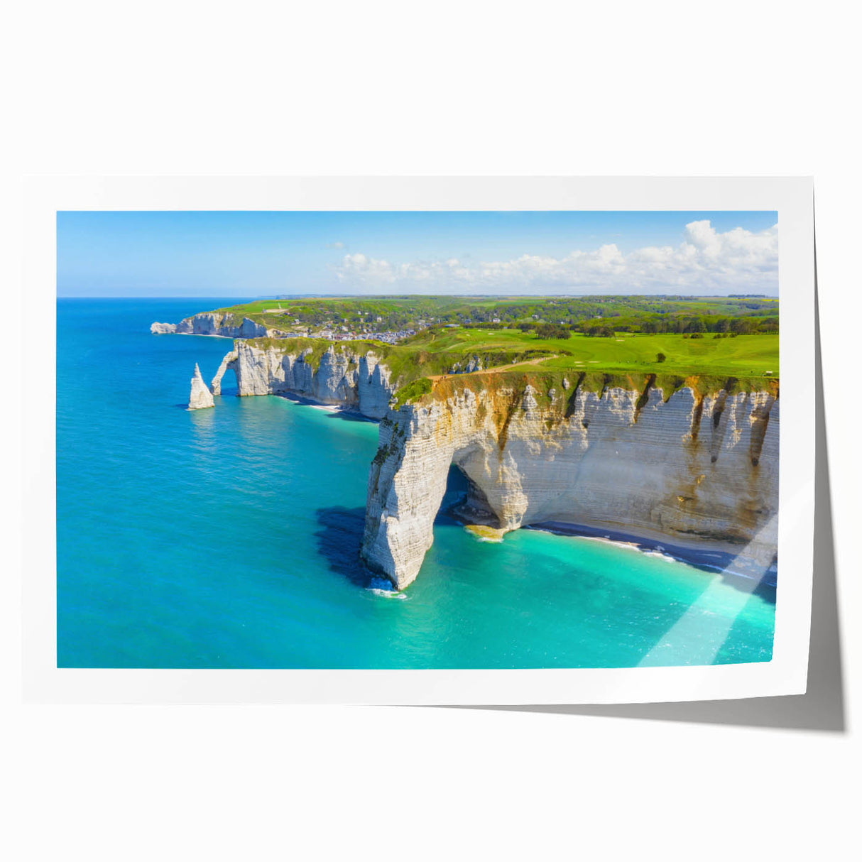 Rolled print of Normandy landscape in muted green and blue tones, ideal for art wall dining room.