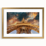 Abstract art print of Paris skyline in muted gold and black tones on a framed mat, ideal for dining room decor.