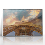 Mid-century modernist art of the Eiffel Tower in muted gray tones on a white framed acrylic print.