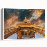 Vintage poster art of Parisian scene in vibrant colors on white-framed canvas, ideal for living room decor.