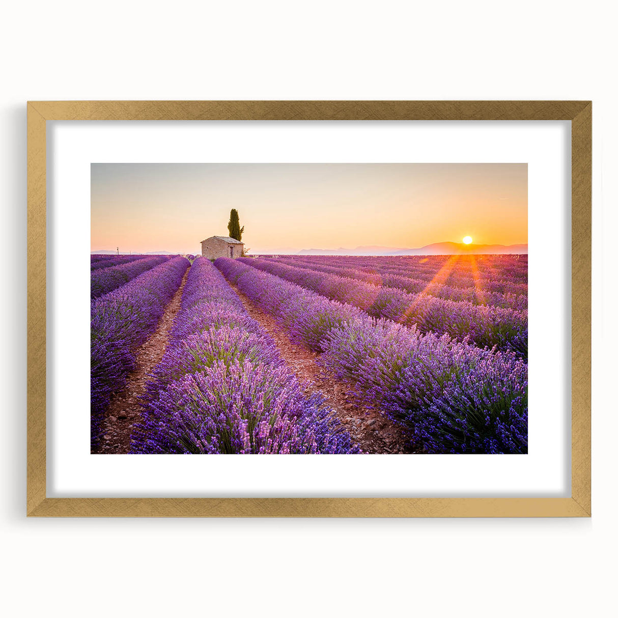 Abstract art print of Provence scenery in muted earth tones, framed in gold, ideal for dining room decor.