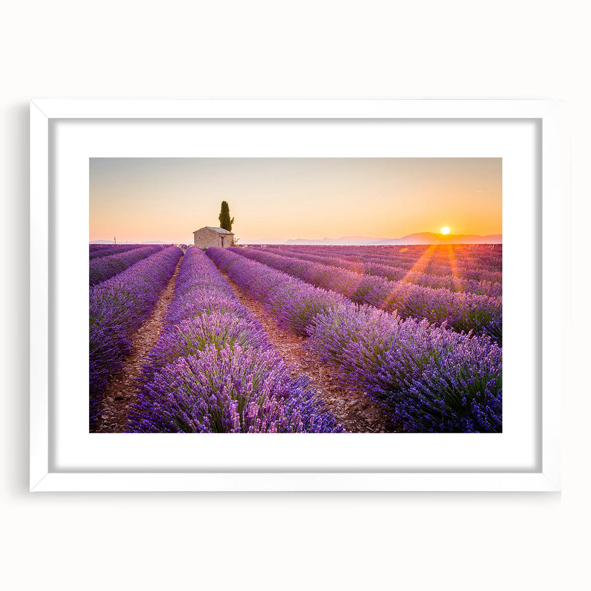 Textured art of Provence landscape in muted earth tones on a framed white mat, suitable for bedroom decor.