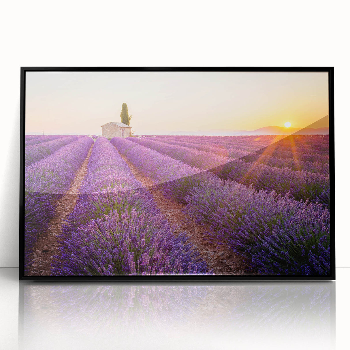 Large abstract wall art depicting a serene Provence landscape in muted earth tones, framed in black acrylic.