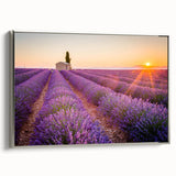 Landscape art painting of Provence with colorful fields and a silver-framed canvas, ideal for living room decor.