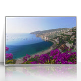 Mid-century modernist art depicting a serene South France landscape in muted colors on a white framed acrylic.