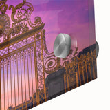 Mid-century modernist large abstract print of Versailles scenery in muted gold and green tones on acrylic glass.