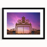 Abstract art print of Versailles gardens in vibrant, colorful hues on a large framed canvas, ideal for living room decor.
