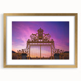 Abstract art print of Versailles scenery in gold frame, using muted gold and blue tones, ideal for dining room decor.