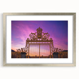 Extra large abstract art print of Versailles scenery in muted tones on textured canvas, framed in silver.