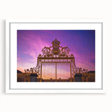 Textured abstract art print of the Versailles palace in muted gold and white tones on framed canvas, ideal for bedroom art.