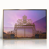 Art Deco poster of Versailles scenery in gold and blue tones on framed acrylic, ideal for modern art wall decor.