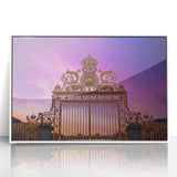 Mid-century modernist art of Versailles in muted pastel hues, acrylic print framed in white, ideal for nursery wall art.