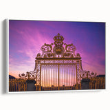 Vintage poster art of Versailles with colorful imagery on a large framed canvas, ideal for living room decor.