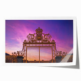 Scenic watercolor of Versailles gardens on rolled canvas, featuring soft green and blue tones.