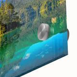 Large abstract wall art depicting a Bavarian landscape in muted earth tones on acrylic glass, ideal for dining room ambiance.