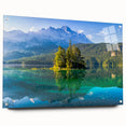 Acrylic print of a Bavarian landscape featuring lush greenery and a distant mountain, ideal for dining room decor.