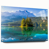 Acrylic print of a Bavarian landscape featuring lush greenery and a distant mountain, ideal for dining room decor.