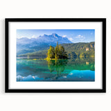 Abstract art print featuring a vibrant and colorful Bavarian scenery on a textured canvas, framed in black.