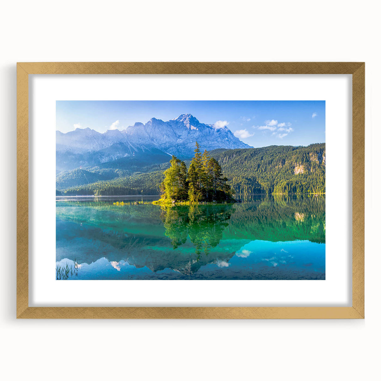Abstract art print of a Bavarian landscape in muted greens and blues, framed in gold, ideal for dining room decor.
