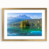 Abstract art print of a Bavarian landscape in muted greens and blues, framed in gold, ideal for dining room decor.