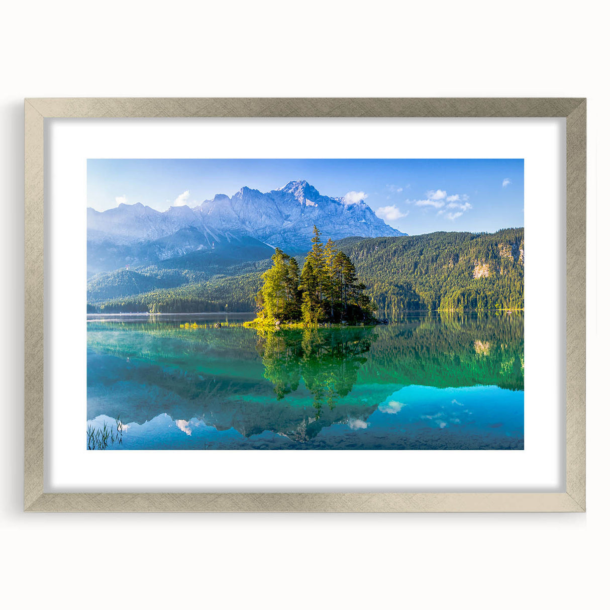 Extra large wall art featuring an abstract print of a Bavarian landscape in textured shades of blue and green.