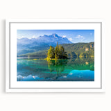 Textured abstract art print of a Bavarian landscape in muted greens and blues on a framed white mat.