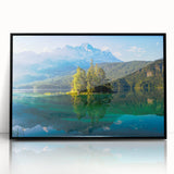 Large abstract wall art of a Bavarian landscape in muted earth tones on framed acrylic, ideal for modern living room decor.