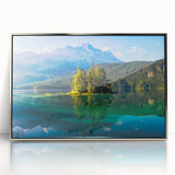 Large art print of a Bavarian landscape in mid-century modern style, featuring muted greens and blues.