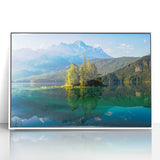 Mid-century modernist art depicting a serene Bavarian landscape in muted greens and blues, acrylic print.