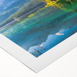 Art deco poster of a Bavarian landscape in muted earth tones on rolled canvas, suitable for dining room decor.