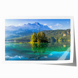 Rolled print of a Bavarian landscape in muted green and blue tones, ideal for dining room wall art.