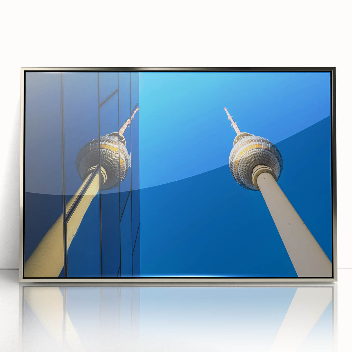 Mid-century modernist art of Berlin skyline in muted colors on framed acrylic, suitable for modern art wall decor.