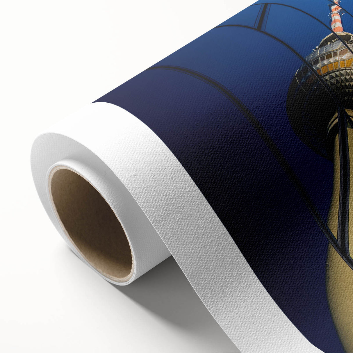 Art Deco style poster of Berlin skyline in muted gold and blue tones on rolled canvas.