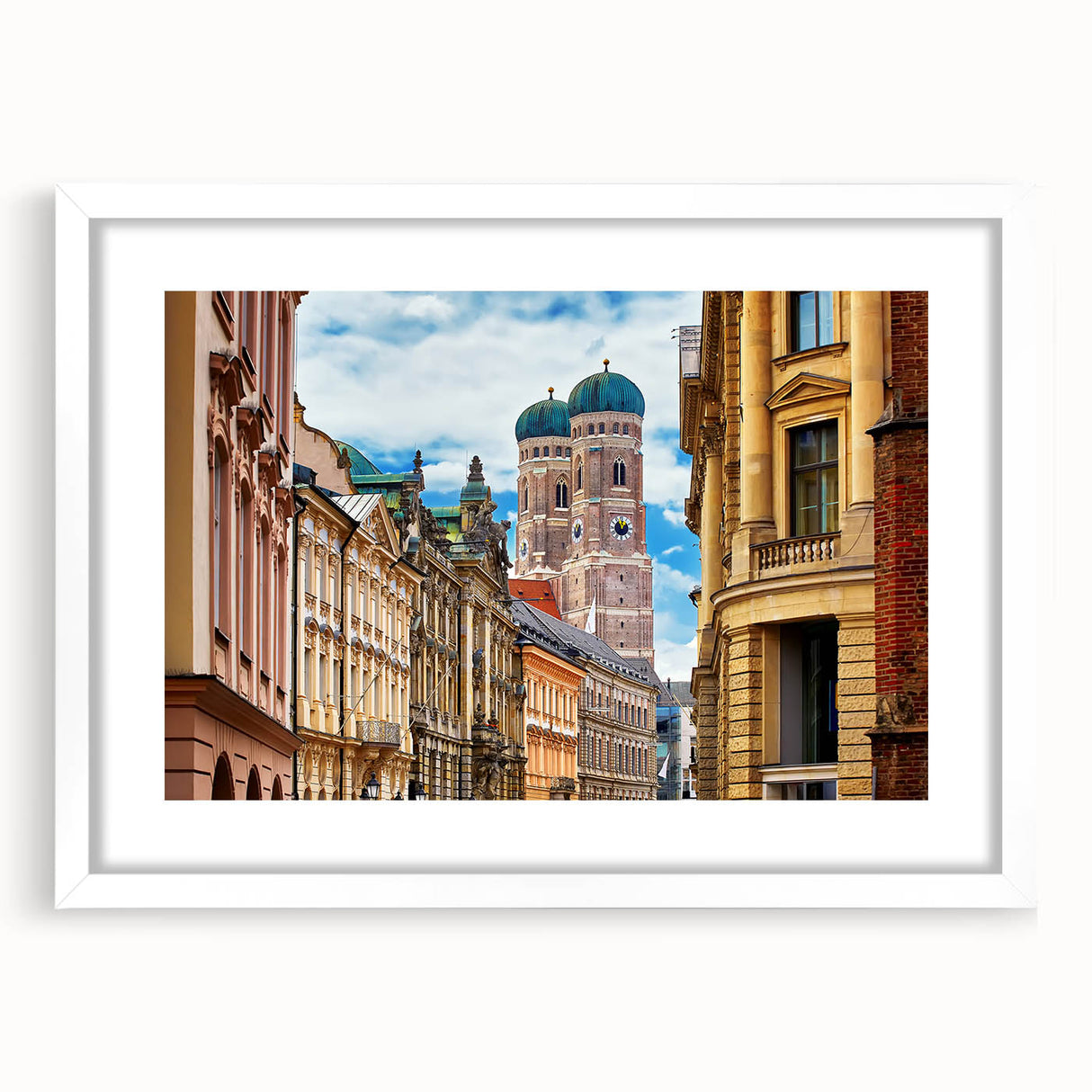 Textured art print of Munich skyline in muted blue tones on a framed canvas, ideal for bedroom wall decor.