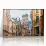 Large art print of Munich skyline in muted gray tones on framed acrylic, suited for modern nursery decor.