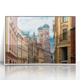 Mid-century modernist art depicting Munich skyline in muted pastel shades on a framed acrylic, ideal for nursery wall art.