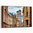 Black and white framed canvas of a vintage Munich landscape, ideal for bedroom decor.
