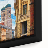 Extra large framed canvas of a textured Munich cityscape in black with colorful art accents, ideal for living room decor.