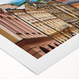 Art deco poster of Munich skyline in muted blue tones on rolled canvas, suitable for dining room wall art.