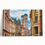 Black and white photo of Munich skyline on large stretched canvas, ideal for kitchen wall art.