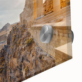 Large abstract depiction of Athens scenery in muted earth tones on acrylic glass, suitable for dining room art.