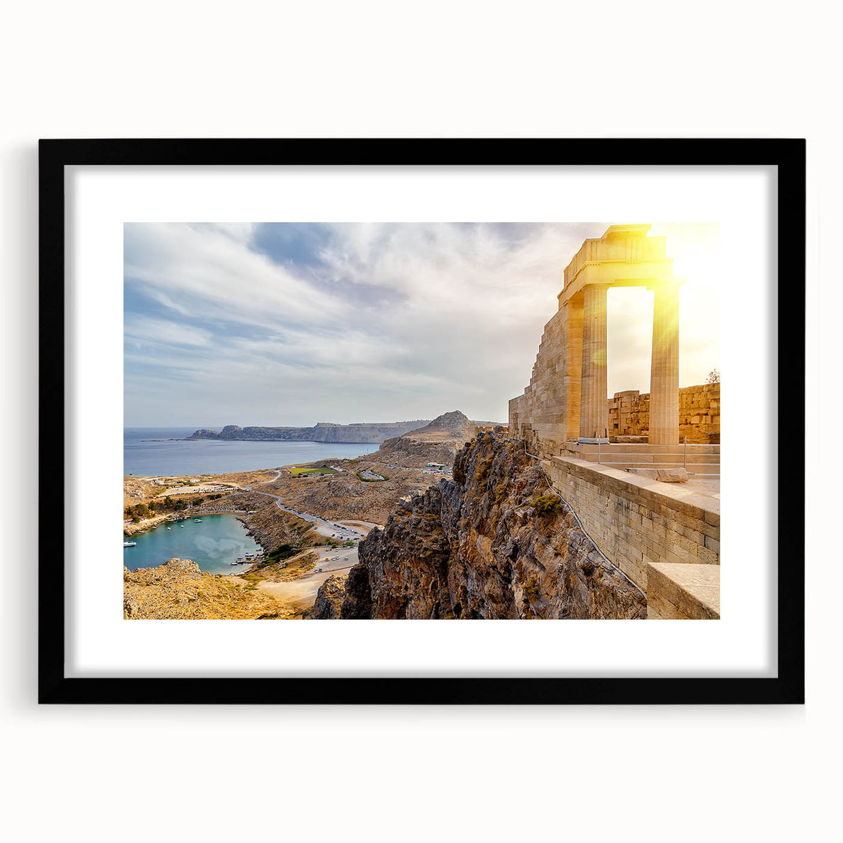Extra large, colorful abstract art print of Athens scenery on textured canvas, framed in black, ideal for living room decor.