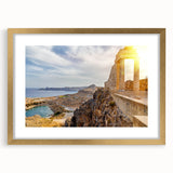 Abstract art print of Athens skyline in muted gold and blue tones on a framed canvas, suitable for dining room decor.