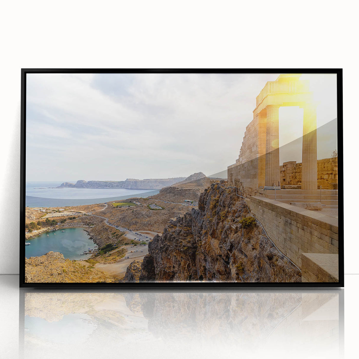 Large abstract wall art depicting the Athens skyline in muted gray tones, framed in black acrylic.