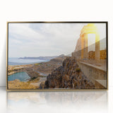 Art Deco poster of Athens scenery in gold and blue hues on framed acrylic, suitable for modern art wall decor.