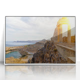 Mid-century modernist art depicting the Athens skyline in muted earth tones on a framed acrylic print.