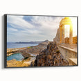 Black and white framed canvas of Athens landscape, featuring vintage poster art style, ideal for bedroom wall decor.