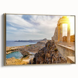 Framed canvas of Athens landscape in vintage poster style, featuring black and gold tones, ideal for bedroom wall art.